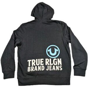 True Religion Hoodie Mens Large Brand Jeans Jet Black Blue Puff Print Pocket New